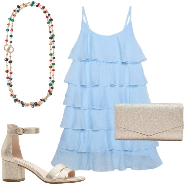 Outfit donna - Cocktail party. Stile Chic per Serata fuori. Abbinamento con sandali col tacco, vestiti corti, clutch, collane.