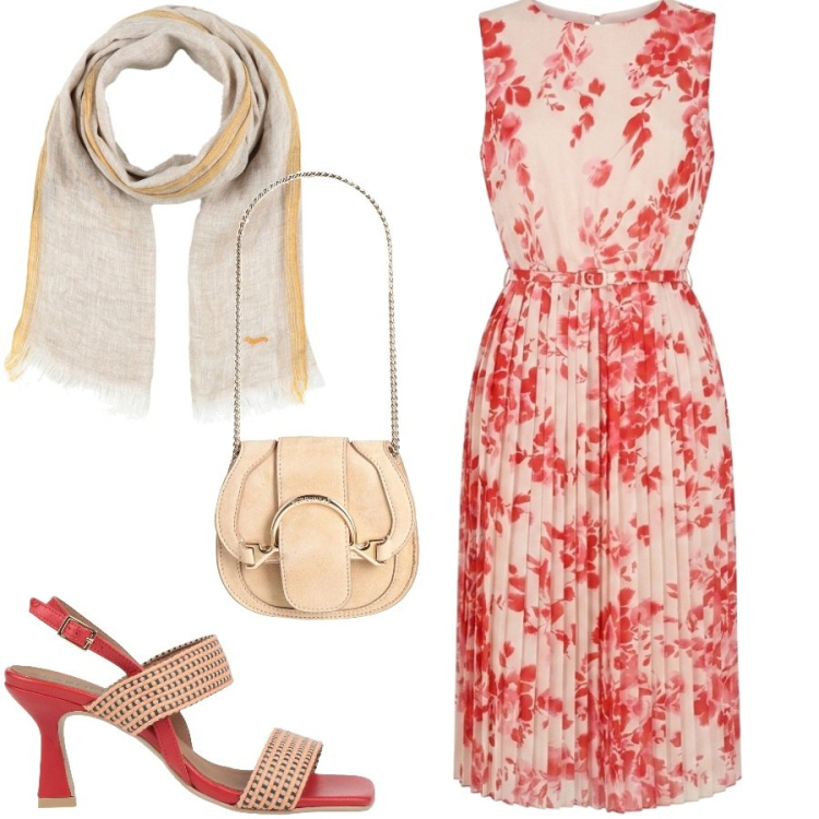 Outfit donna - Cocktail party. Stile Chic per Serata fuori. Abbinamento con marsupi, sciarpe, sandali in pelle, vestiti midi/longuette.