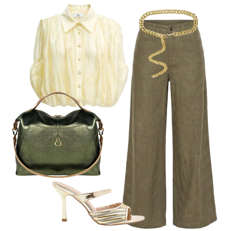 Outfit donna - Blusa fluida per un evento informale. Stile Casual chic per Serata fuori. Abbinamento con pantaloni a palazzo, top, borse a mano, cinture, sabot.