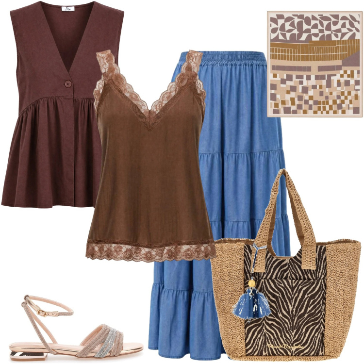 Outfit donna - Trova il tuo stile con I AM. Stile Boho per Tutti i giorni. Abbinamento con gilet, gonne lunghe, canottiere, foulard, sandali, borse a spalla.