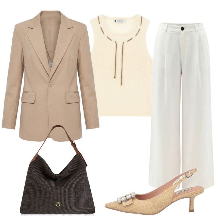 Outfit donna - Total look #2438669. Stile Casual chic per Serata fuori. Abbinamento con décolleté, blazer, borse a spalla, top, pantaloni a palazzo.