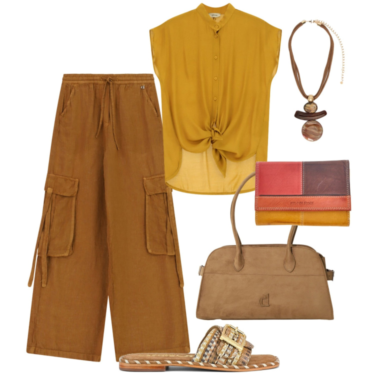 Outfit donna - Disinvolta in città. Stile Urban per Tutti i giorni. Abbinamento con cappotti, pantaloni cargo, camicie, ciondoli, ciabatte, portafogli.