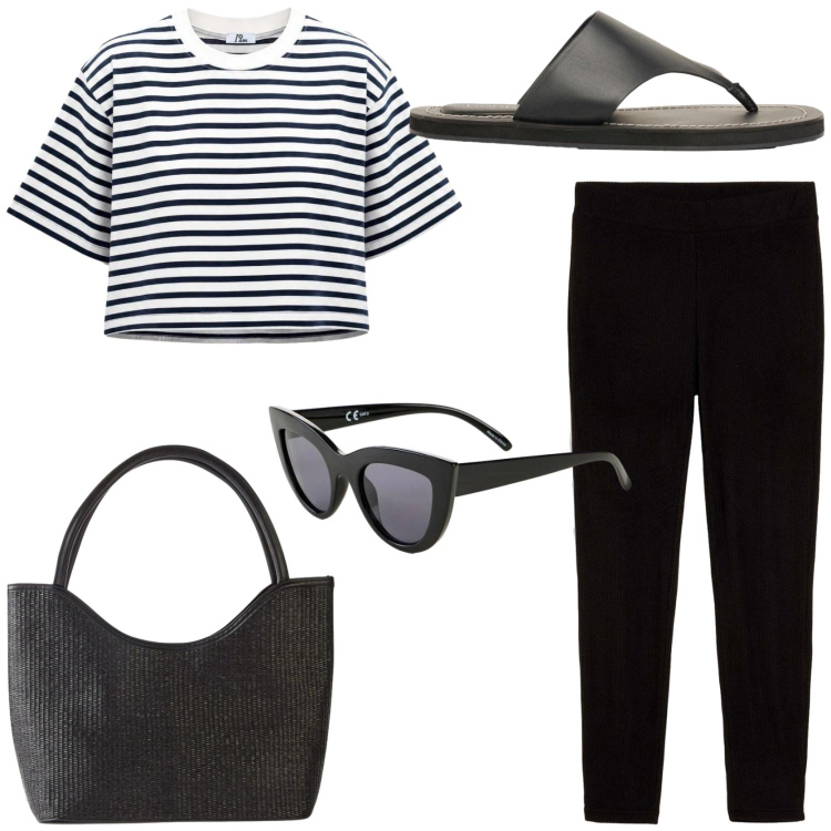 Outfit donna - French mood. Stile Trendy per Tutti i giorni. Abbinamento con shopping bag, leggings, occhiali da sole, infradito, t-shirt.