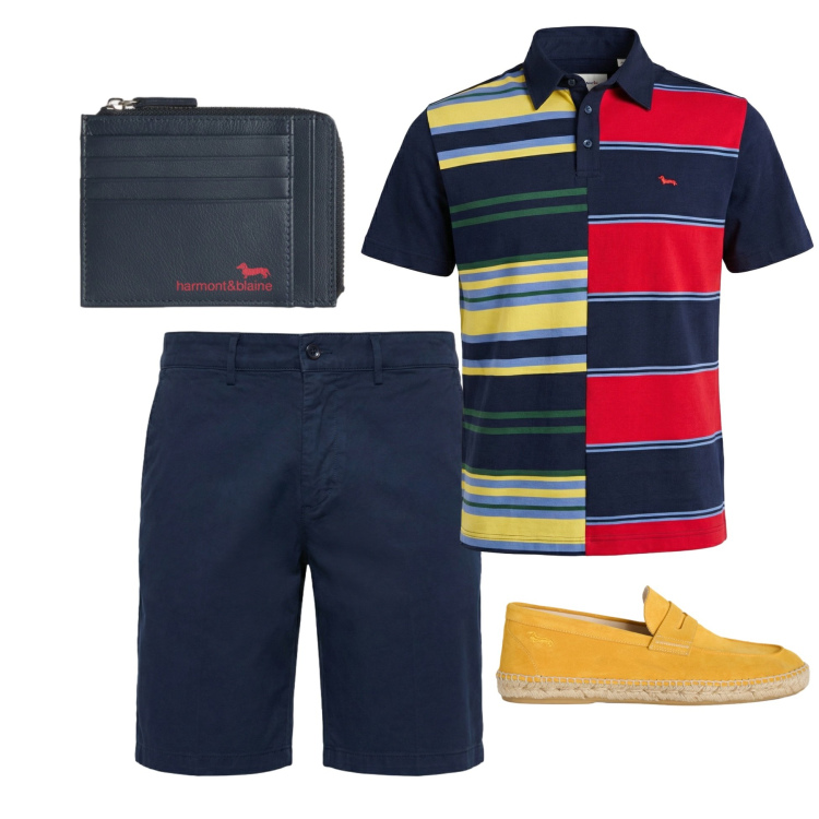 Outfit uomo - Diversi profili. Stile Trendy per Tutti i giorni. Abbinamento con bermuda, espadrillas, polo, portamonete.
