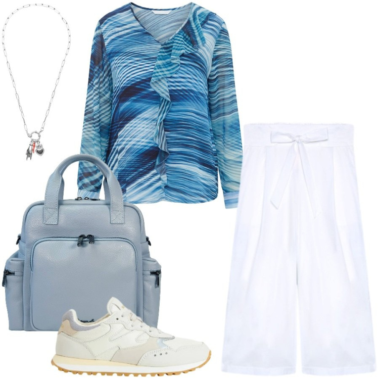 Outfit donna - Total look #2438678. Stile Casual chic per Tutti i giorni. Abbinamento con zaini, ciondoli, bluse, pantaloni, sneakers.