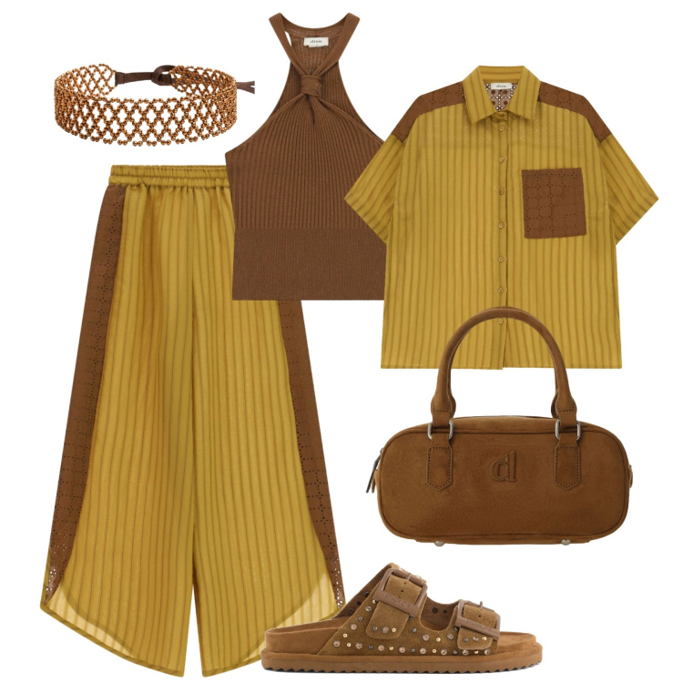 Outfit donna - Protagonista tutti i giorni. Stile Trendy per Tutti i giorni. Abbinamento con pantaloni a palazzo, top, cappotti, camicie a manica corta, cinture, sandali in pelle.