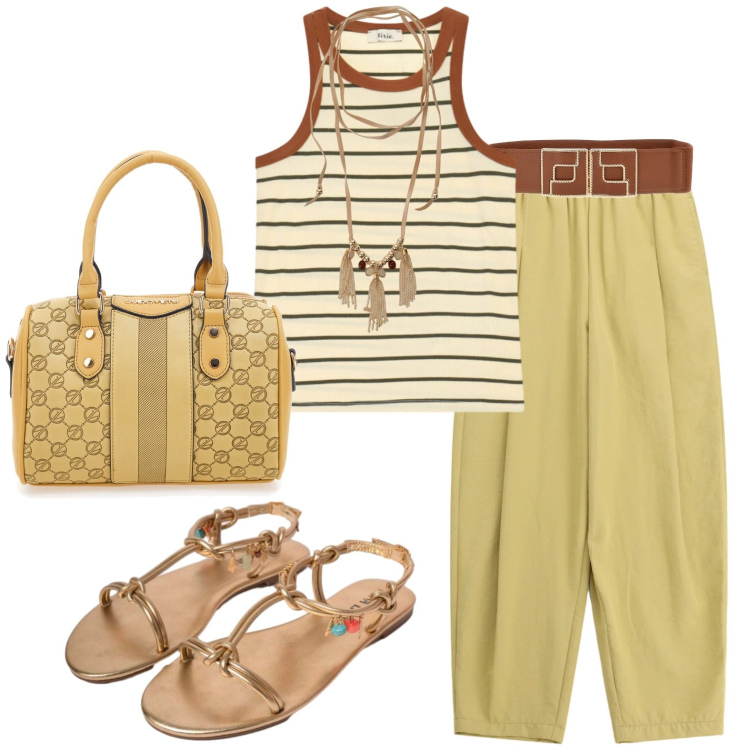 Outfit donna - Leone. Stile Casual per Tutti i giorni. Abbinamento con pantaloni a palazzo, top, collane, sandali in pelle, cinture, borse a spalla.
