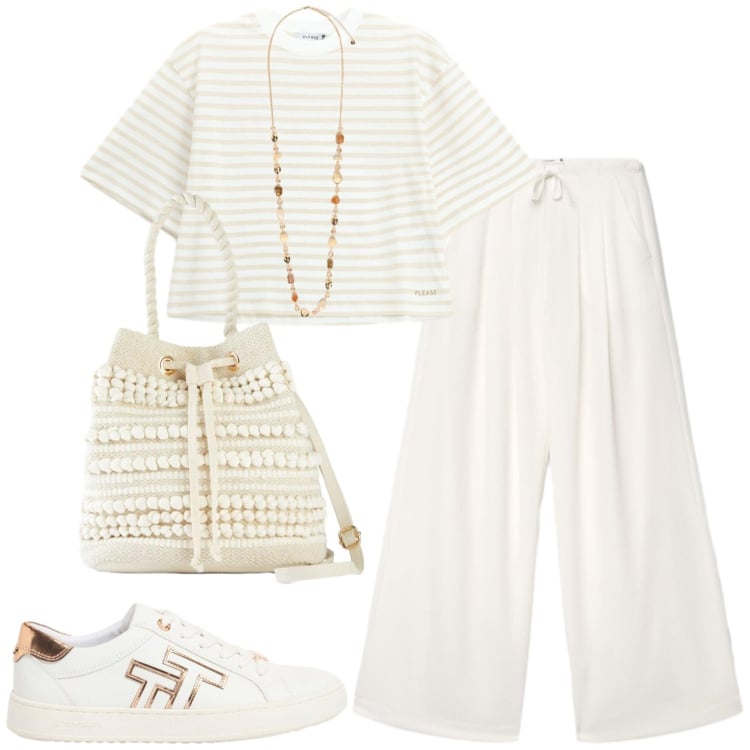 Outfit donna - White. Stile Casual per Tutti i giorni. Abbinamento con sneakers, borse a secchiello, pantaloni, t-shirt, collane.
