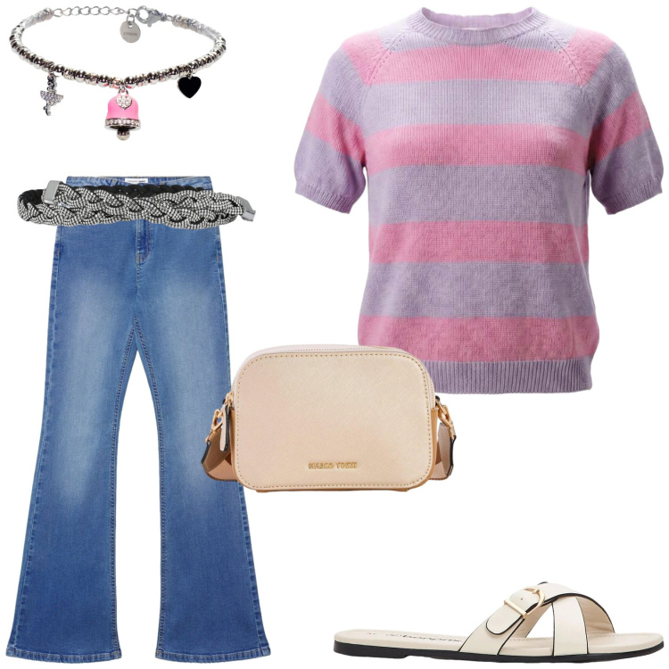 Outfit donna - Casual e femminile. Stile Casual per Tutti i giorni. Abbinamento con ciabatte, borse a tracolla, maglieria, jeans a zampa, cinture, braccialetti.