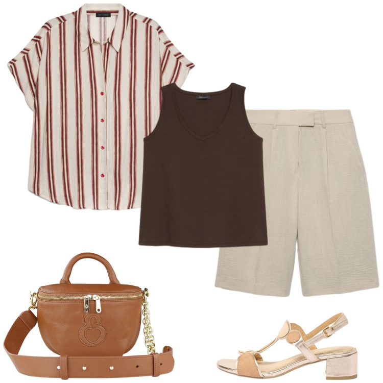Outfit donna - Luglio in città. Stile Casual chic per Tutti i giorni. Abbinamento con sandali col tacco, borse a tracolla, bermuda, canottiere, camicie a manica corta.
