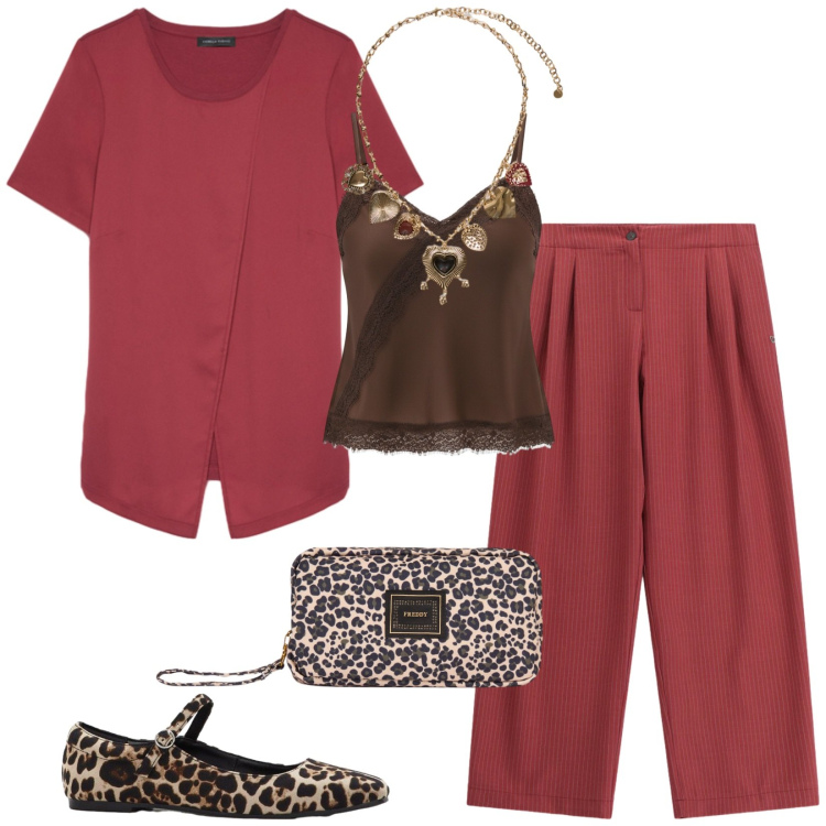 Outfit donna - Aperitivo con le amiche. Stile Chic per Tutti i giorni. Abbinamento con ballerine, pantaloni a palazzo, top, t-shirt, collane, valigie.