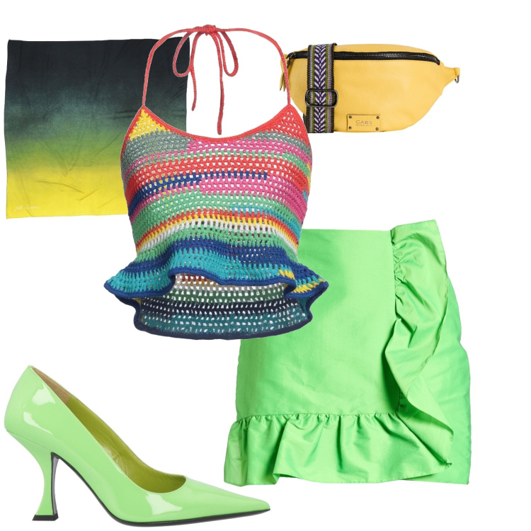 Outfit donna - Colore. Stile Casual chic per Serata fuori. Abbinamento con top, décolleté, sciarpe, marsupi, minigonne.