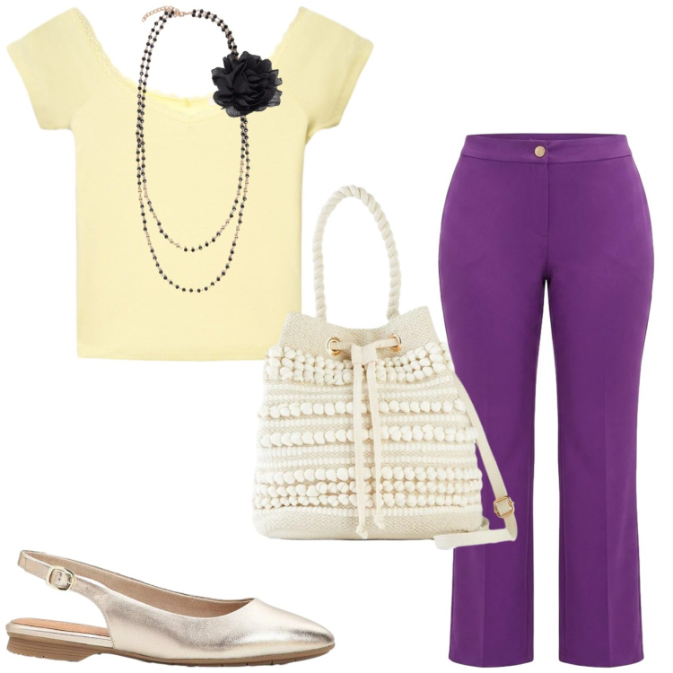 Outfit donna - Serata fuori. Stile Chic per Serata fuori. Abbinamento con borse a secchiello, ballerine, t-shirt, collane, pantaloni.