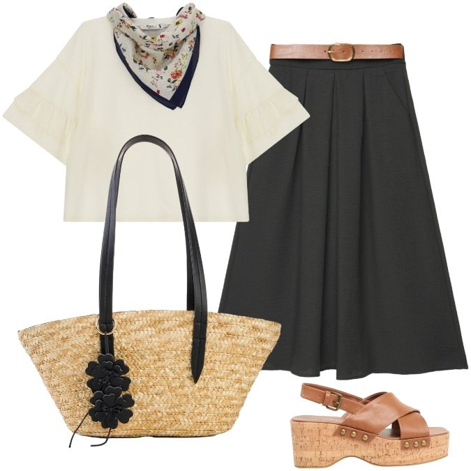 Outfit donna - Total look #2438708. Stile Trendy per Tutti i giorni. Abbinamento con shopping bag, zeppe, gonne lunghe, top.