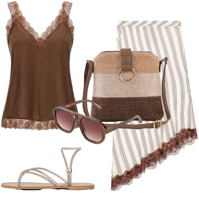 Outfit donna - Total look #2438711. Stile Trendy per Tutti i giorni. Abbinamento con occhiali da sole, borse a tracolla, canottiere, sandali, gonne longuette.