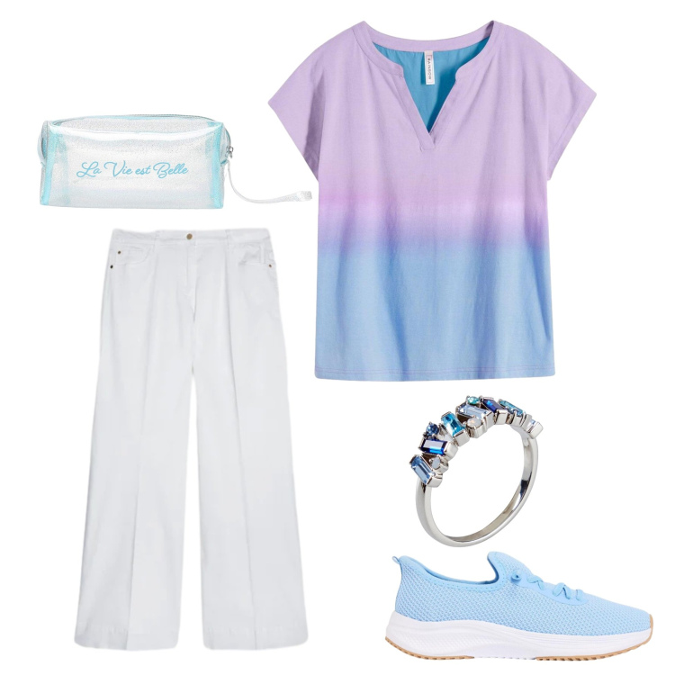 Outfit donna - Effetto ombré. Stile Basic per Tutti i giorni. Abbinamento con t-shirt, sneakers, anelli, valigie, pantaloni.
