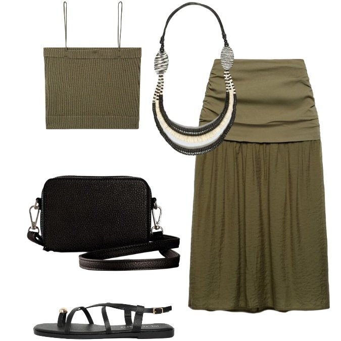 Outfit donna - Total look #2438718. Stile Trendy per Tutti i giorni. Abbinamento con borse a tracolla, gonne longuette, top, sandali, collane.