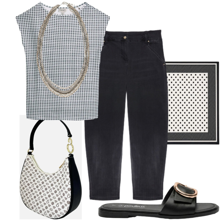 Outfit donna - Black e white. Stile Casual chic per Tutti i giorni. Abbinamento con t-shirt, ciabatte, foulard, borse a spalla, collane, jeans.