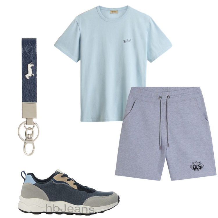 Outfit uomo - Sabato mattina. Stile Casual per Tutti i giorni. Abbinamento con sneakers, portachiavi, bermuda, t-shirt.
