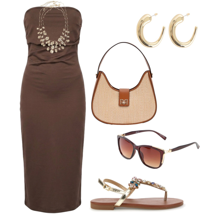 Outfit donna - Cocktail da protagonista. Stile Glamour per Serata fuori. Abbinamento con occhiali da sole, borse a spalla, collane, orecchini, vestiti midi/longuette, sandali gioiello.