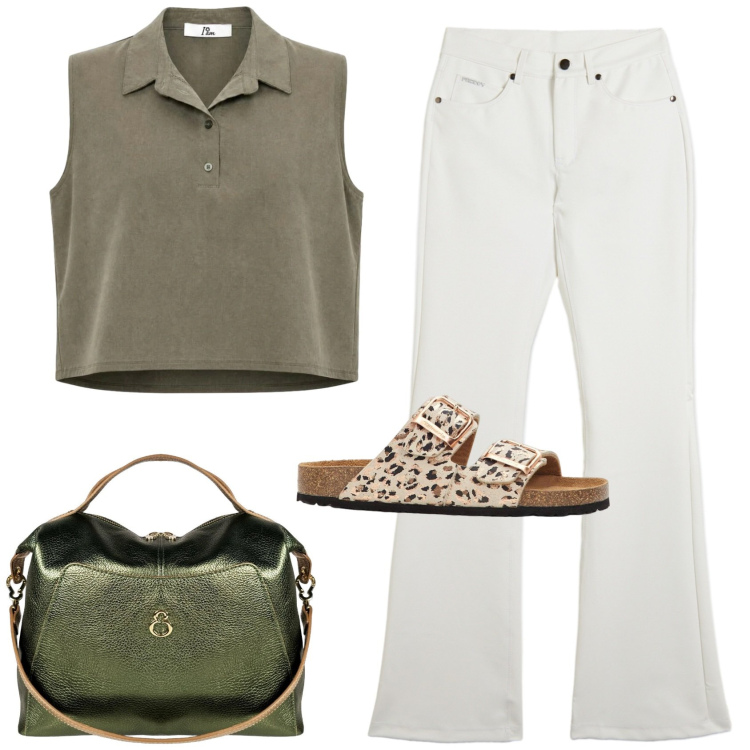 Outfit donna - Casual bianco e verde. Stile Casual per Tutti i giorni. Abbinamento con ciabatte, top, borse a mano, pantaloni.