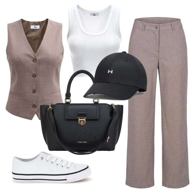 Outfit donna - Stilosa anche con il caldo. Stile Mannish per Ufficio. Abbinamento con pantaloni, gilet, canottiere, sneakers, borse a tracolla, cappelli con visiera.