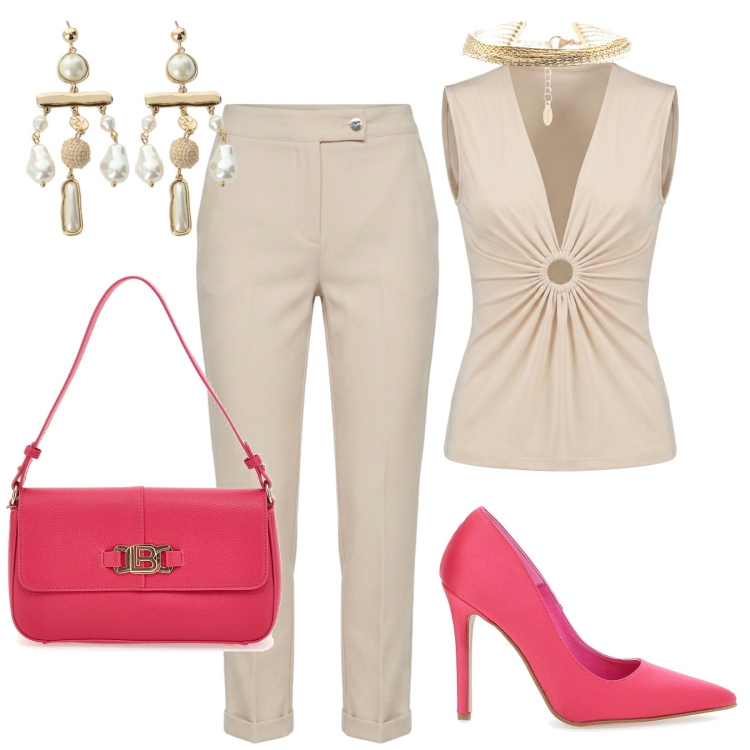 Outfit donna - La leonessa che c\'è un te. Stile Glamour per Serata fuori. Abbinamento con orecchini, top, pantaloni, braccialetti, décolleté, borse a spalla.