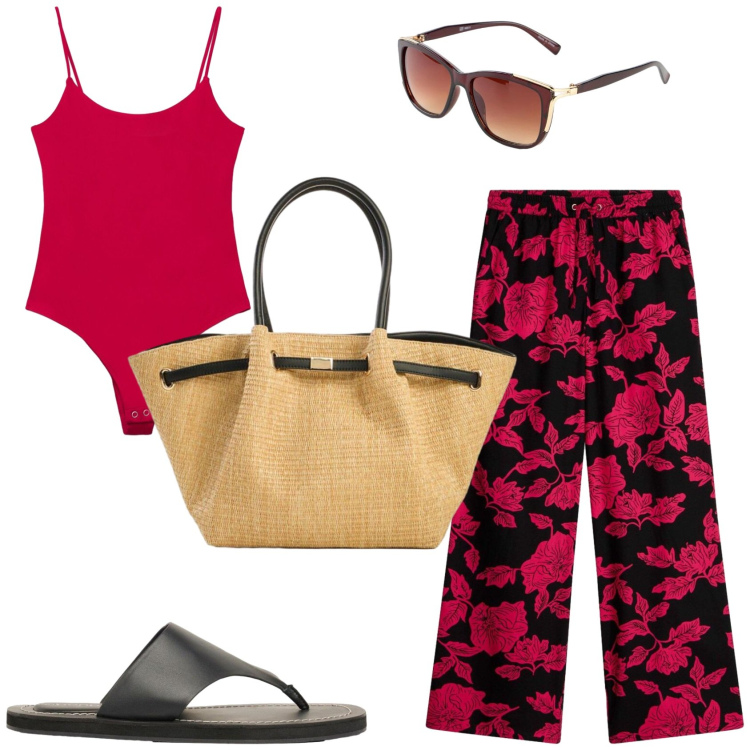 Outfit donna - In vacanza. Stile Trendy per Mare. Abbinamento con pantaloni a palazzo, shopping bag, occhiali da sole, infradito, top.
