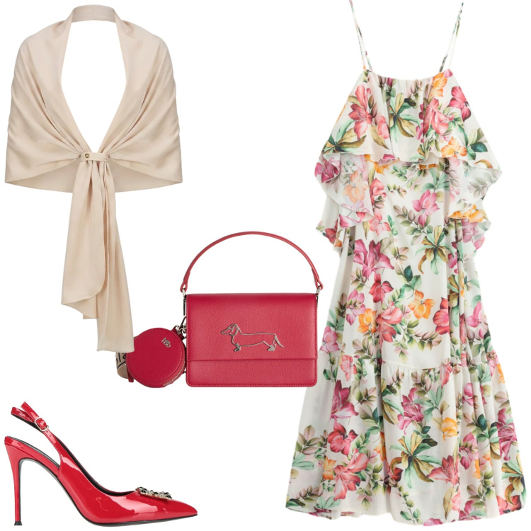 Outfit donna - Una serata fuori in vacanza. Stile Chic per Serata fuori. Abbinamento con décolleté, borse a tracolla, vestiti lunghi, stole.
