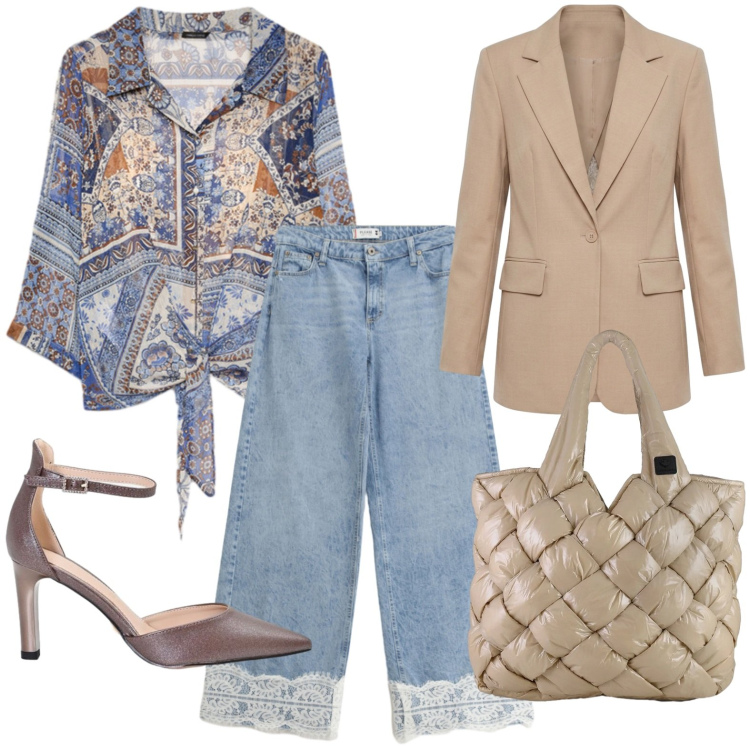 Outfit donna - Camicia patchwork. Stile Casual chic per Ufficio. Abbinamento con blazer, bluse, borse tote, jeans, décolleté.