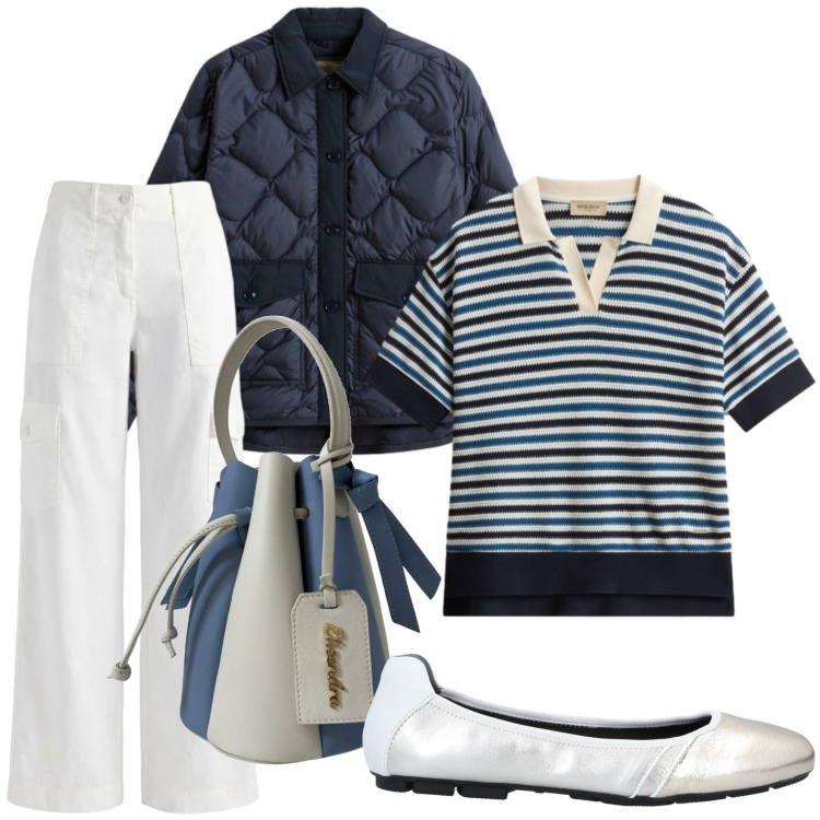 Outfit donna - Gita in barca. Stile Casual per Tutti i giorni. Abbinamento con ballerine, pantaloni cargo, borse a secchiello, blazer, polo.