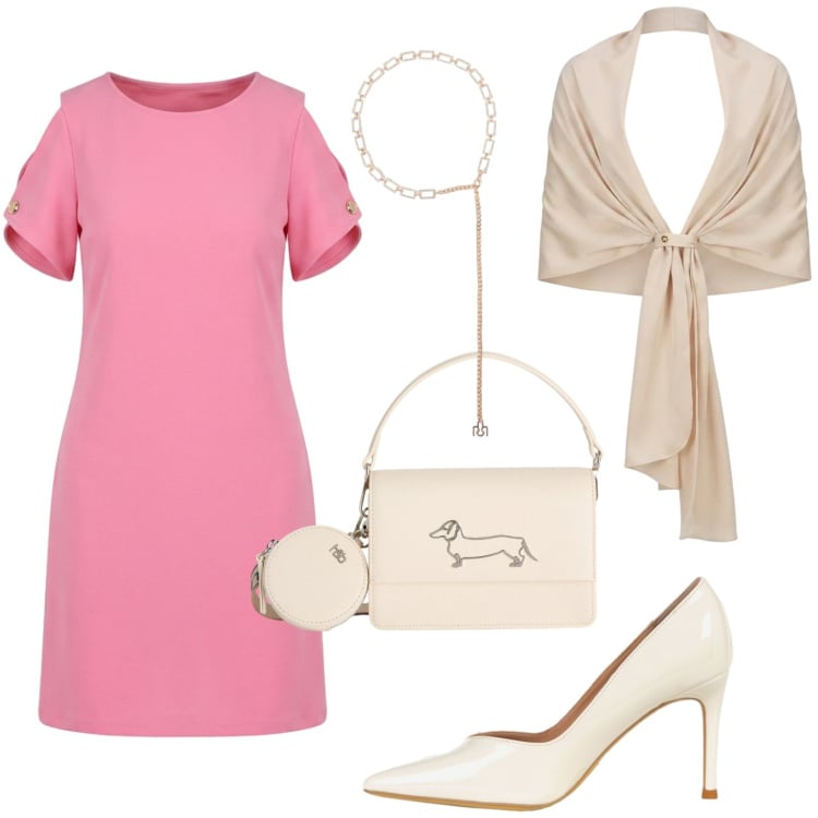 Outfit donna - Pink lady. Stile Basic per Cerimonia. Abbinamento con vestiti corti, stole, décolleté, cinture, borse a tracolla.