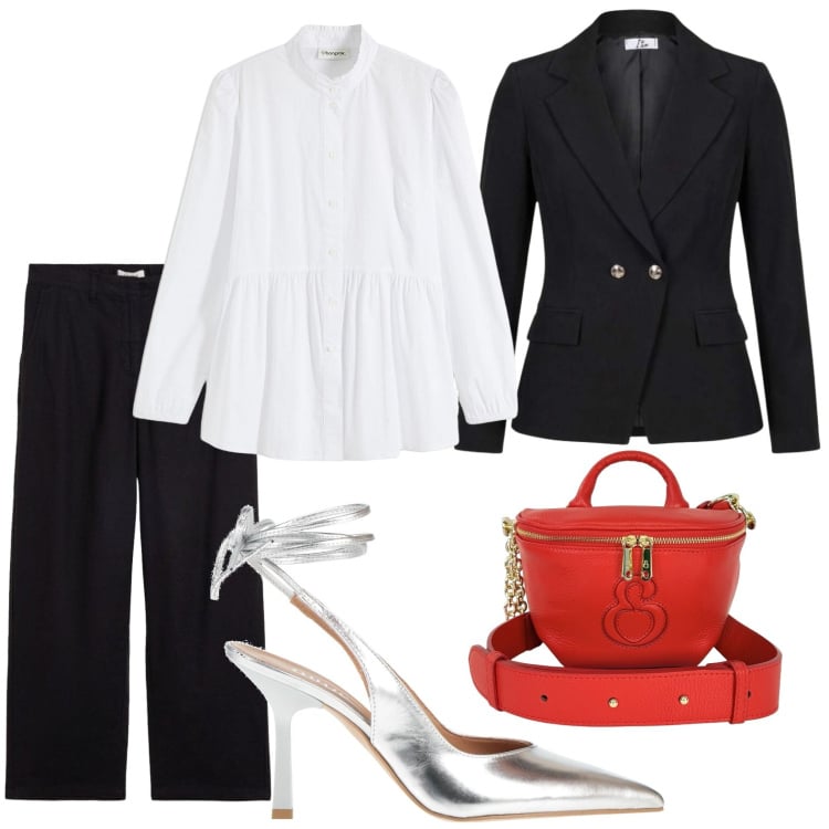 Outfit donna - Cena elegante. Stile Casual per Serata fuori. Abbinamento con décolleté, camicie, pantaloni, blazer, borse a tracolla.