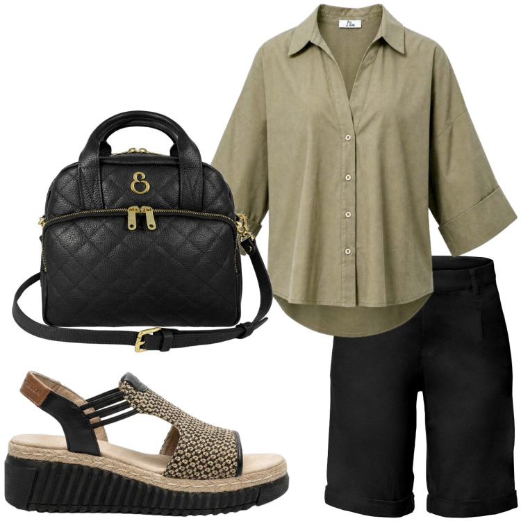 Outfit donna - Easy. Stile Casual per Tutti i giorni. Abbinamento con bermuda, sandali, camicie a manica corta, borse a mano.