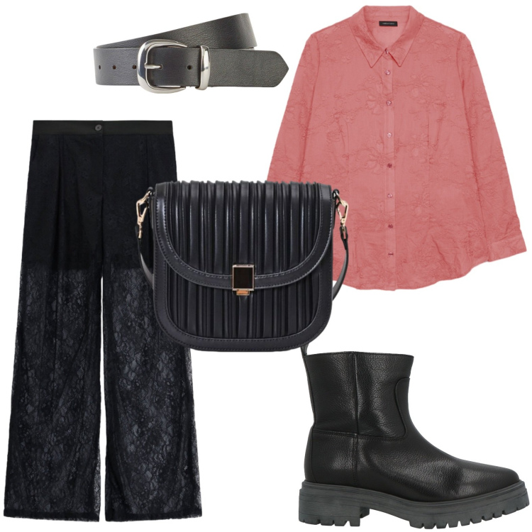 Outfit donna - Trasparenze. Stile Casual per Serata fuori. Abbinamento con stivaletti, cinture, camicie, pantaloni a palazzo, borse a tracolla.