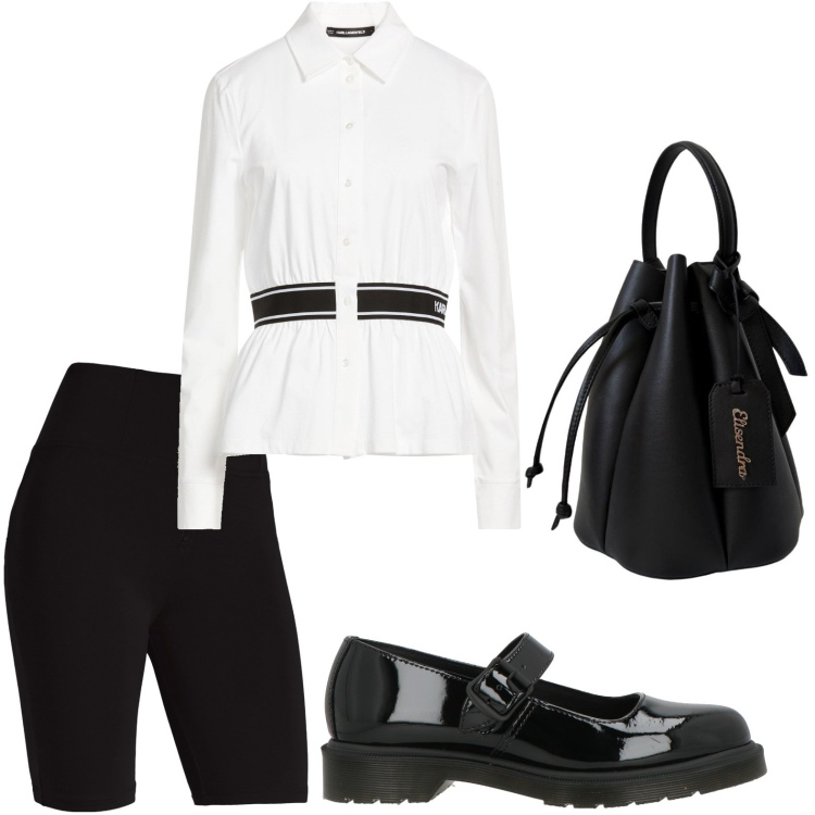 Outfit donna - La camicia di Karl. Stile Casual per Tutti i giorni. Abbinamento con camicie, décolleté, borse a secchiello, shorts.