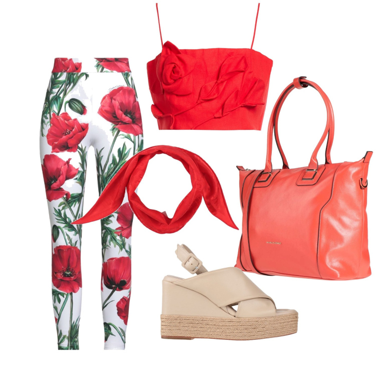 Outfit donna - Luglio. Stile Glamour per Tutti i giorni. Abbinamento con sciarpe, top, zaini, leggings, espadrillas.