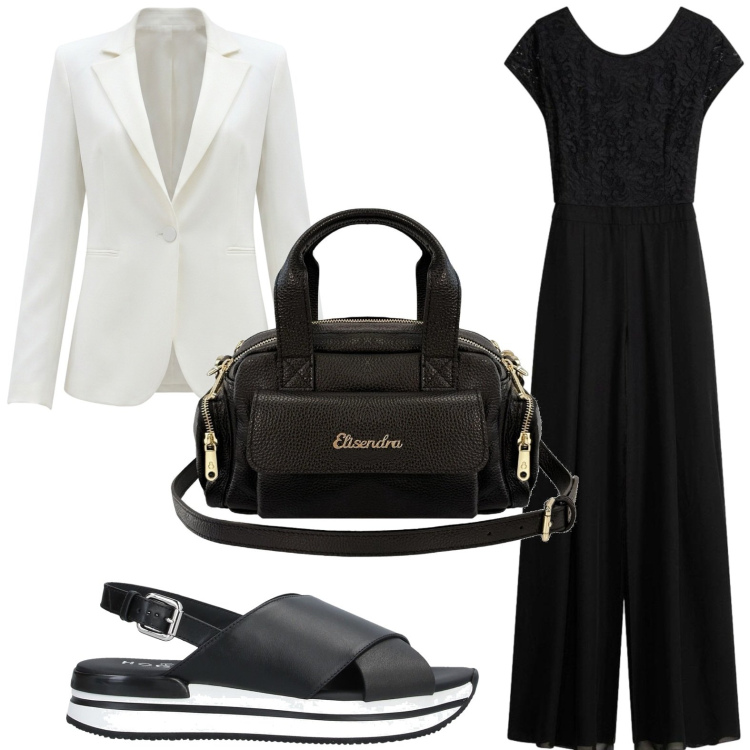 Outfit donna - Bicolor. Stile Basic per Serata fuori. Abbinamento con sandali in pelle, tute, borse a mano, blazer.