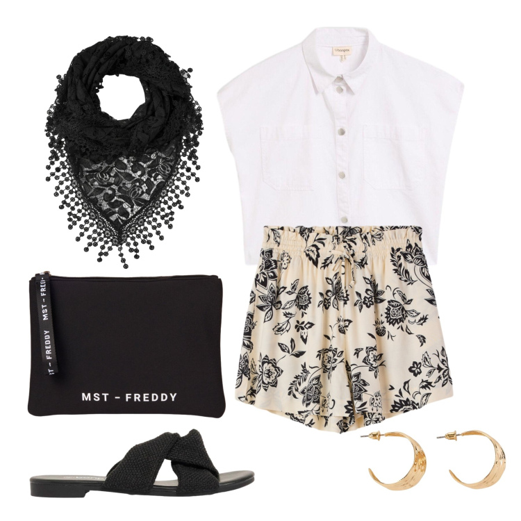 Outfit donna - Luglio. Stile Casual chic per Tutti i giorni. Abbinamento con sandali, orecchini, camicie a manica corta, canottiere, shorts, pochette.