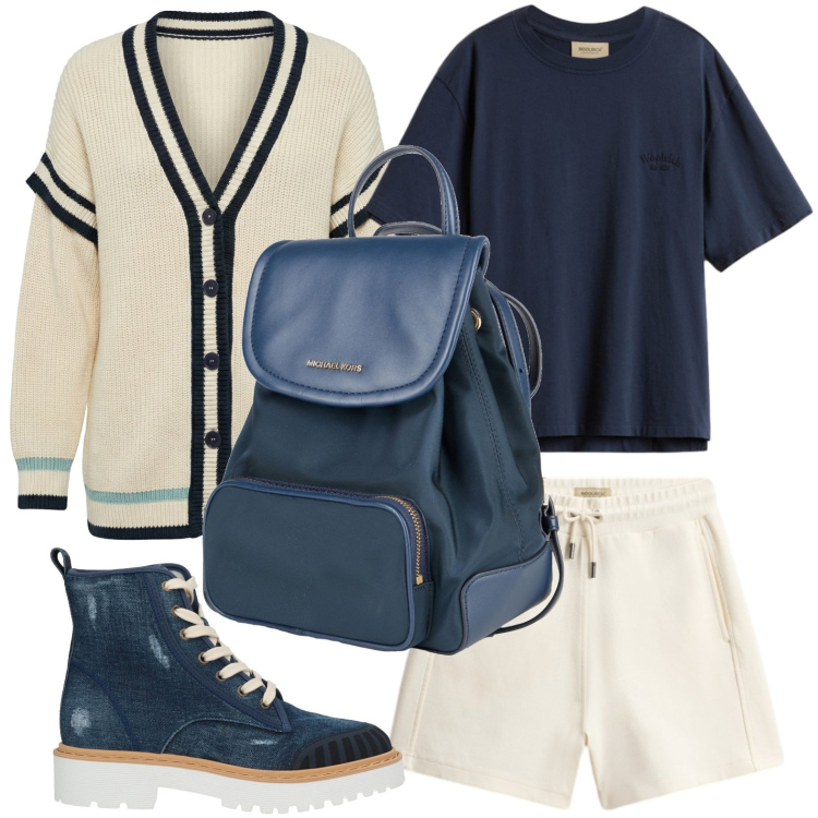 Outfit donna - In montagna. Stile Casual per Tutti i giorni. Abbinamento con stivaletti, zaini, cardigans, t-shirt, shorts.