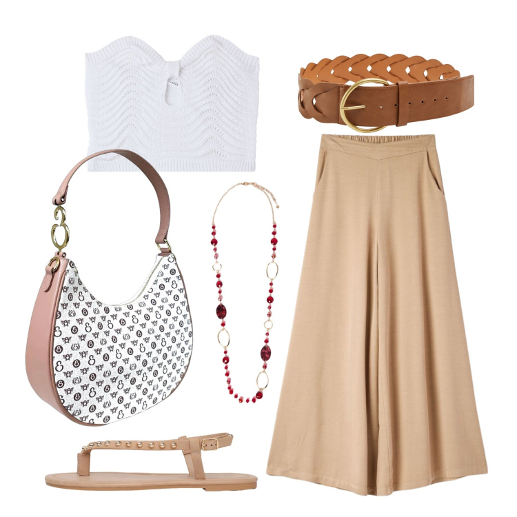 Outfit donna - Luglio. Stile Casual chic per Tutti i giorni. Abbinamento con borse a spalla, pantaloni, cinture, top, ciabatte, collane.