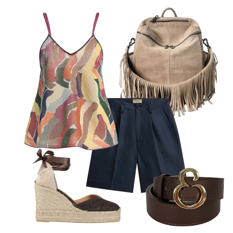 Outfit donna - Luglio. Stile Casual chic per Tutti i giorni. Abbinamento con top, espadrillas, zaini, cinture, pantaloni corti.