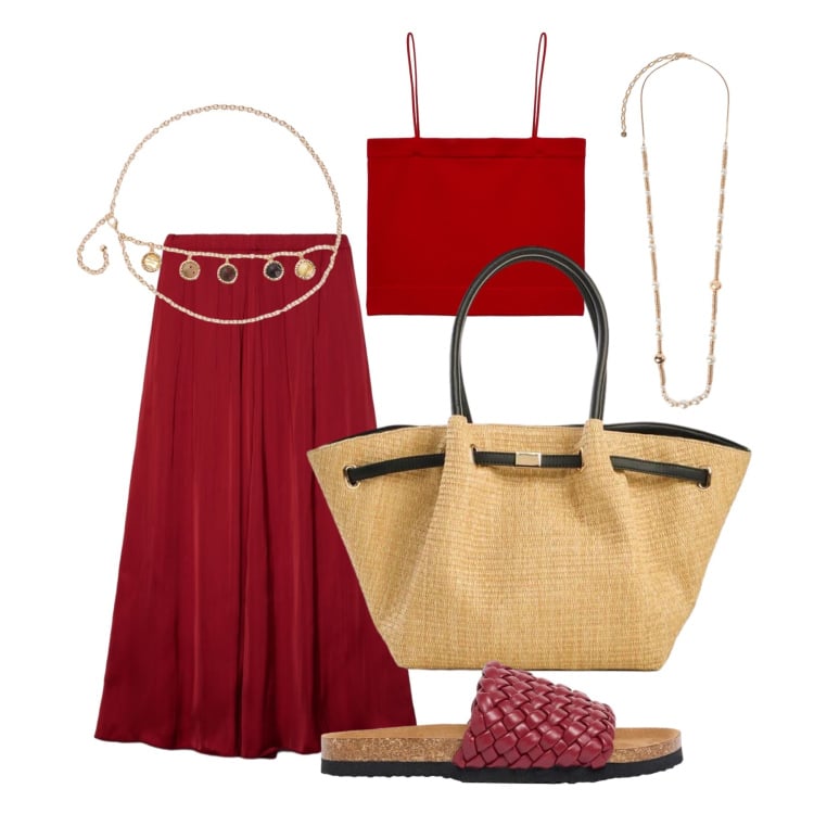 Outfit donna - Luglio. Stile Trendy per Tutti i giorni. Abbinamento con shopping bag, ciabatte, top, gonne longuette, cinture, collane.