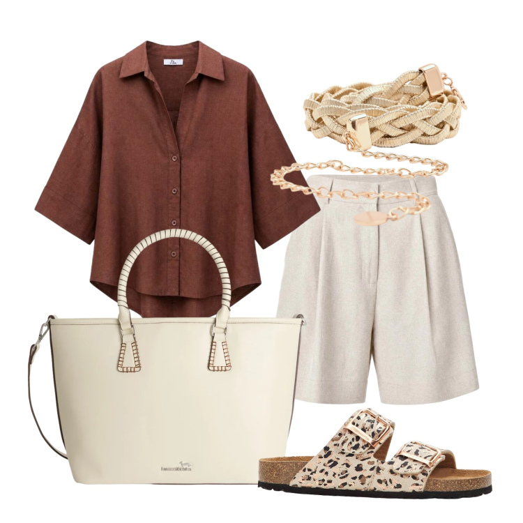 Outfit donna - Luglio. Stile Casual chic per Tutti i giorni. Abbinamento con ciabatte, shorts, camicie, shopping bag, cinture.