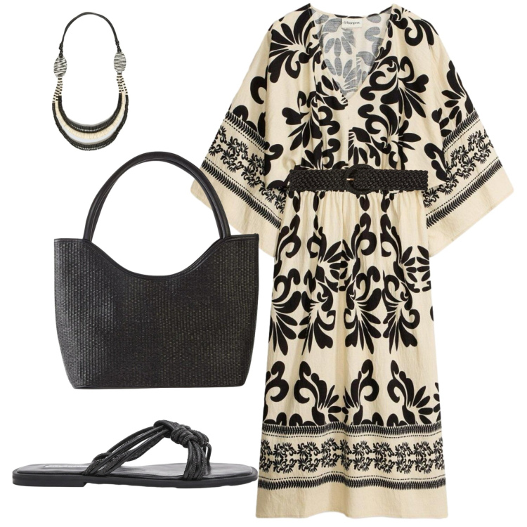 Outfit donna - Incanto esotico. Stile Etnico per Tutti i giorni. Abbinamento con vestiti midi/longuette, shopping bag, cinture, sandali, collane.