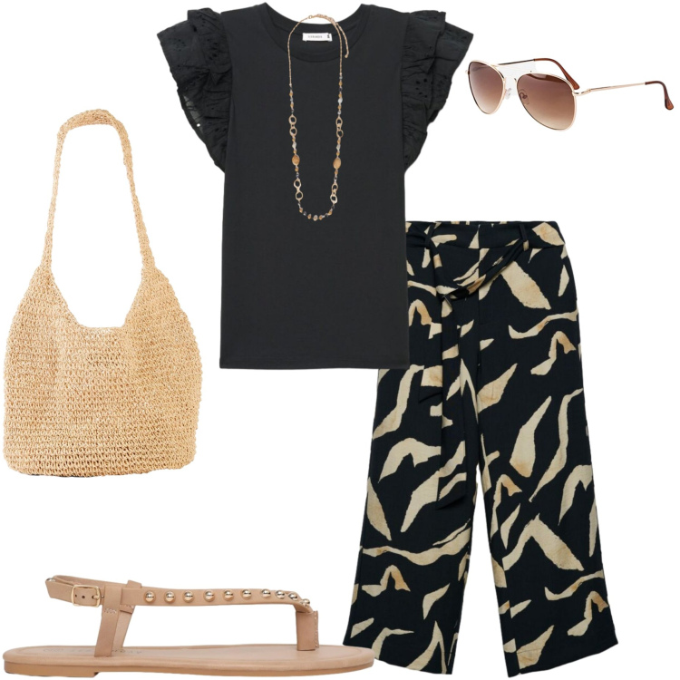 Outfit donna - Incanto esotico. Stile Casual chic per Tutti i giorni. Abbinamento con shopping bag, occhiali da sole, pantaloni, t-shirt, ciabatte, collane.