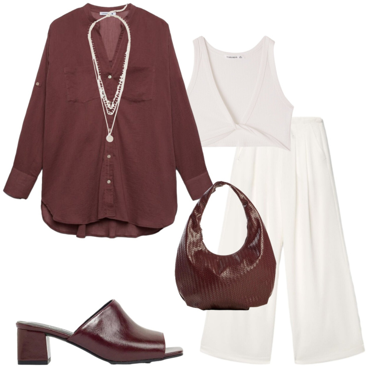 Outfit donna - Must-have in lino. Stile Casual chic per Serata fuori. Abbinamento con ciabatte, borse a mano, collane, camicie, pantaloni, top.