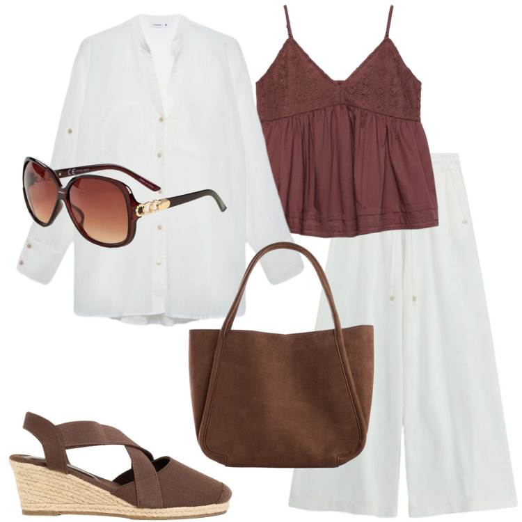 Outfit donna - Valigia per la vacanza. Stile Casual chic per Mare. Abbinamento con shopping bag, zeppe, occhiali da sole, camicie, canottiere, pantaloni a palazzo.