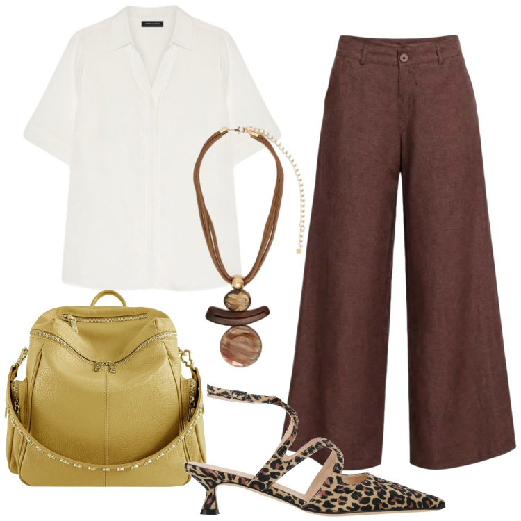 Outfit donna - Total look #2438812. Stile Romantica per Ufficio. Abbinamento con décolleté, pantaloni a palazzo, zaini, ciondoli, camicie a manica corta.