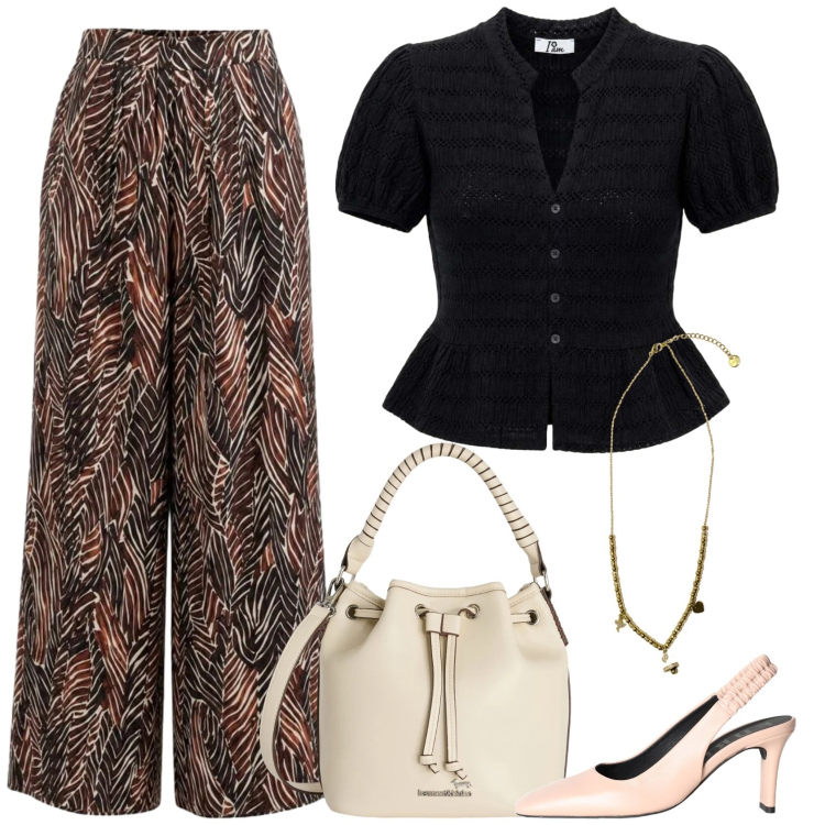 Outfit donna - I pantaloni. Stile Casual chic per Ufficio. Abbinamento con décolleté, pantaloni a palazzo, top, borse a secchiello, ciondoli.